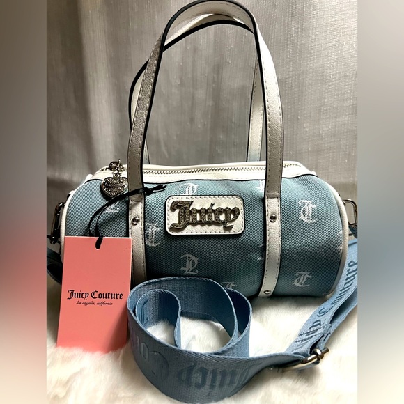 NEW Juicy Couture White Blue Denim Mini Barrel Bag - Picture 1 of 7
